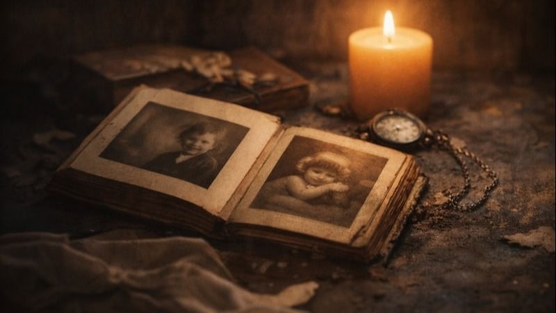 Fotos de un álbum antiguo con fotos infantiles, una vela encendida y un reloj de bolsillo en un ambiente nostálgico y acogedor.